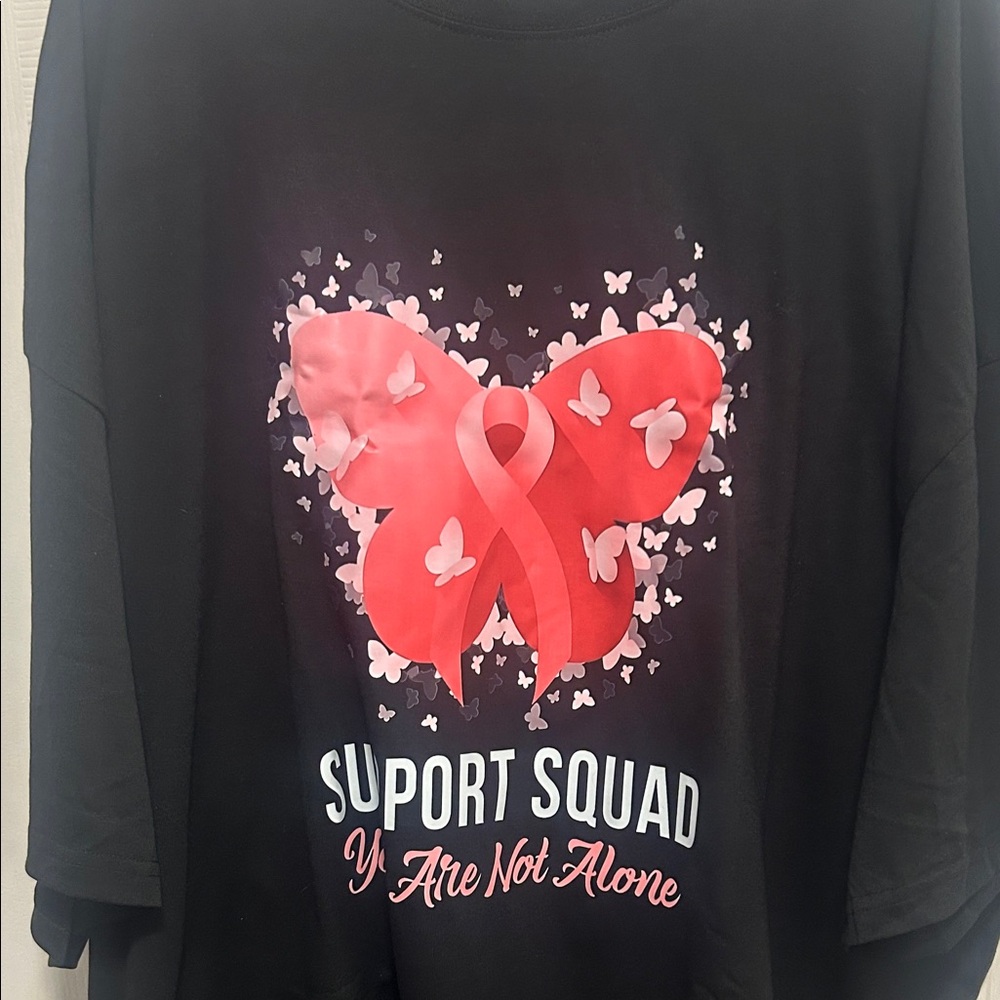 Black Support Squad T-Shirt with Pink Ribbon Butterfly